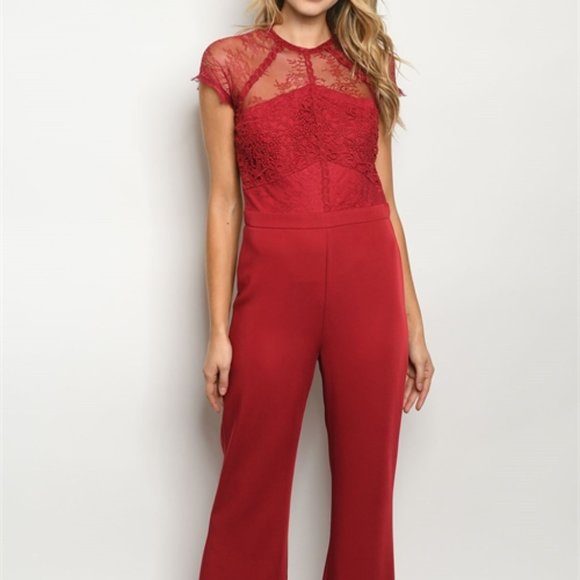 New Burgundy Jumpsuit w/Lace accents S-M-L - Picture 1 of 10